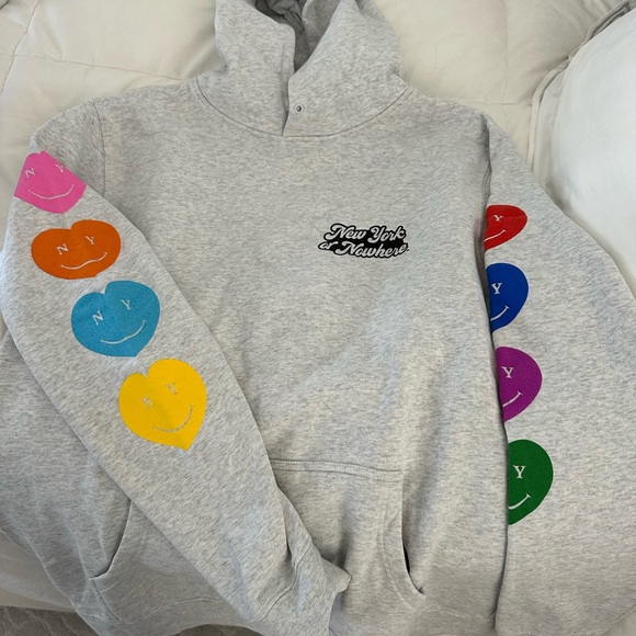 Gray Hoodie with Colorful Heart Sleeves - Picture 1 of 2